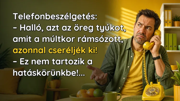Vicc: Telefonbeszélgetés... Telefonbeszélgetés: – Halló, azt az öreg tyúkot, amit a múltkor rámsózott, azonnal cseréljék ki! – Ez nem tartozik a hatáskörünkbe!...