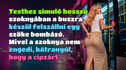 Testhez simuló hosszú szoknyában a buszra készül felszállni egy szőke bombázó. Mivel a szoknya nem engedi, hátranyúl, hogy a cipzárt...