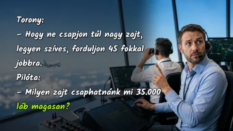 Torony: – Hogy ne csapjon túl nagy zajt, legyen szíves, forduljon 45 fokkal jobbra. Pilóta: – Milyen zajt csaphatnánk mi 35.000 láb magasan?