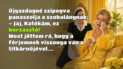 Újgazdagné szipogva panaszolja a szobalánynak: – Jaj, Katókám, ez borzasztó! Most jöttem rá, hogy a férjemnek viszonya van a titkárnőjével....