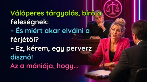 Vicc: Válóperes tárgyalás, bíró a feleségnek... Válóperes tárgyalás, bíró a feleségnek: – És miért akar elválni a férjétől? – Ez, kérem, egy perverz disznó! Az a mániája, hogy...
