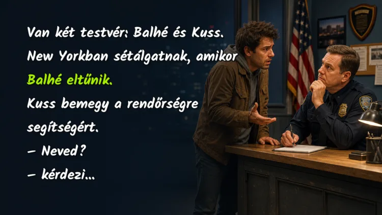 Vicc: Van két testvér: Balhé és Kuss. New Yorkban sétálgatnak... Van két testvér: Balhé és Kuss. New Yorkban sétálgatnak, amikor Balhé eltűnik. Kuss bemegy a rendőrségre segítségért. – Neved? – kérdezi...