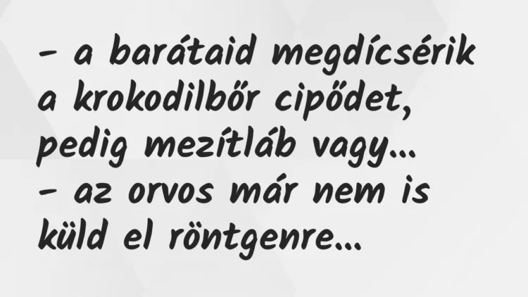 Viccek: a barátaid megdícsérik a krokodilbőr cipődet, pedig mezítláb… Viccek: a barátaid megdícsérik a krokodilbőr cipődet, pedig mezítláb…