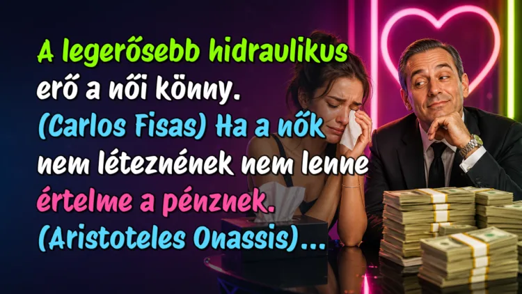 Viccek: A legerősebb hidraulikus erő a női könny. (Carlos Fisas... A legerősebb hidraulikus erő a női könny. (Carlos Fisas) Ha a nők nem léteznének nem lenne értelme a pénznek. (Aristoteles Onassis)...
