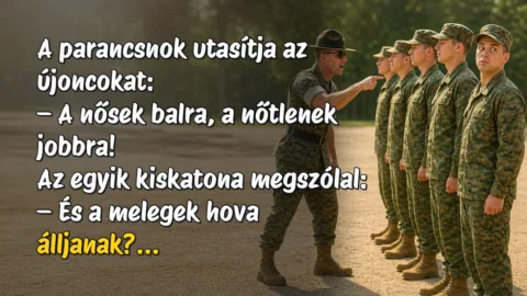 A parancsnok utasítja az újoncokat: – A nősek balra, a nőtlenek jobbra! Az egyik kiskatona megszólal: – És a melegek hova álljanak?...
