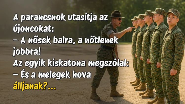 Viccek: A parancsnok utasítja az újoncokat... A parancsnok utasítja az újoncokat: – A nősek balra, a nőtlenek jobbra! Az egyik kiskatona megszólal: – És a melegek hova álljanak?...