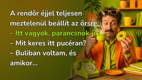 A rendőr éjjel teljesen meztelenül beállít az őrsre: – Itt vagyok, parancsnok úr! – Mit keres itt pucéran? – Buliban voltam, és amikor...