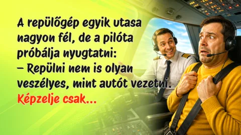 A repülőgép egyik utasa nagyon fél, de a pilóta próbálja nyugtatni: – Repülni nem is olyan veszélyes, mint autót vezetni. Képzelje csak...