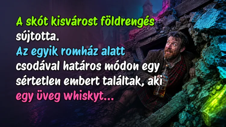 Viccek: A skót kisvárost földrengés sújtotta. Az egyik romház alatt csodával... A skót kisvárost földrengés sújtotta. Az egyik romház alatt csodával határos módon egy sértetlen embert találtak, aki egy üveg whiskyt...