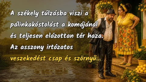 A székely túlzásba viszi a pálinkakóstolást a komájánál és teljesen elázottan tér haza. Az asszony irtózatos veszekedést csap és szörnyű...