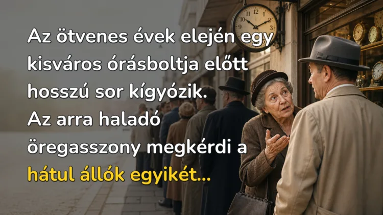 Viccek: Az ötvenes évek elején egy kisváros órásboltja előtt hosszú sor... Az ötvenes évek elején egy kisváros órásboltja előtt hosszú sor kígyózik. Az arra haladó öregasszony megkérdi a hátul állók egyikét...