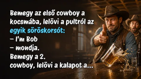 Bemegy az első cowboy a kocsmába, lelövi a pultról az egyik söröskorsót: – I'm Bob – mondja. Bemegy a 2. cowboy, lelövi a kalapot a...