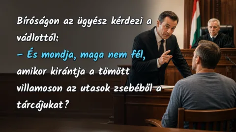 Bíróságon az ügyész kérdezi a vádlottól: – És mondja, maga nem fél, amikor kirántja a tömött villamoson az utasok zsebéből a tárcájukat?