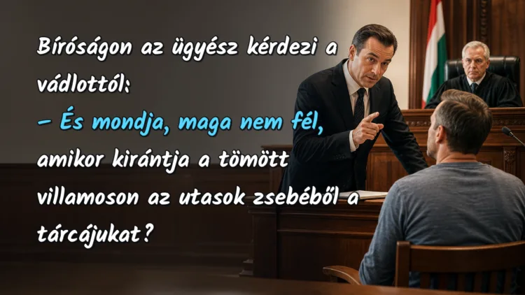 Viccek: Bíróságon az ügyész kérdezi a vádlottól... Bíróságon az ügyész kérdezi a vádlottól: – És mondja, maga nem fél, amikor kirántja a tömött villamoson az utasok zsebéből a tárcájukat?