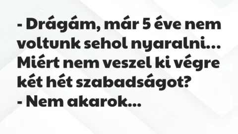 Viccek: Drágám, már 5 éve nem voltunk sehol nyaralni. Miért nem veszel ki… Viccek: Drágám, már 5 éve nem voltunk sehol nyaralni. Miért nem veszel ki…