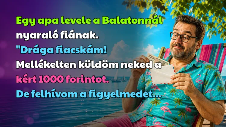 Viccek: Egy apa levele a Balatonnál nyaraló fiának... Egy apa levele a Balatonnál nyaraló fiának. "Drága fiacskám! Mellékelten küldöm neked a kért 1000 forintot. De felhívom a figyelmedet...