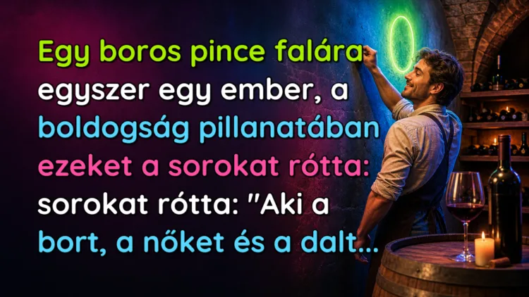 Viccek: Egy boros pince falára egyszer egy ember, a boldogság pillanatában... Egy boros pince falára egyszer egy ember, a boldogság pillanatában ezeket a sorokat rótta: sorokat rótta: "Aki a bort, a nőket és a dalt...