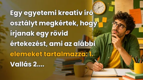 Egy egyetemi kreatív író osztályt megkértek, hogy írjanak egy rövid értekezést, ami az alábbi elemeket tartalmazza: 1. Vallás 2....
