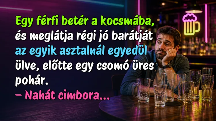 Viccek: Egy férfi betér a kocsmába, és meglátja régi jó barátját az egyik... Egy férfi betér a kocsmába, és meglátja régi jó barátját az egyik asztalnál egyedül ülve, előtte egy csomó üres pohár. – Nahát cimbora...