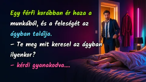 Viccek: Egy férfi korábban ér haza a munkából, és a feleségét az ágyban... Egy férfi korábban ér haza a munkából, és a feleségét az ágyban találja. – Te meg mit keresel az ágyban ilyenkor? – kérdi gyanakodva....