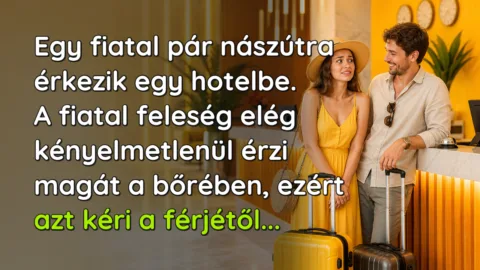 Egy fiatal pár nászútra érkezik egy hotelbe. A fiatal feleség elég kényelmetlenül érzi magát a bőrében, ezért azt kéri a férjétől...
