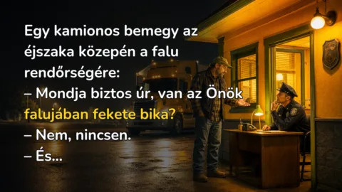 Egy kamionos bemegy az éjszaka közepén a falu rendőrségére: – Mondja biztos úr, van az Önök falujában fekete bika? – Nem, nincsen. – És...