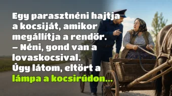Egy parasztnéni hajtja a kocsiját, amikor megállítja a rendőr. – Néni, gond van a lovaskocsival. Úgy látom, eltört a lámpa a kocsirúdon...