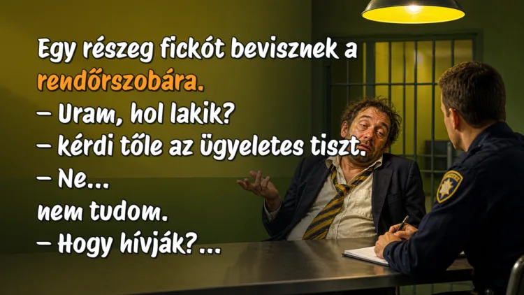 Viccek: Egy részeg fickót bevisznek a rendőrszobára... Egy részeg fickót bevisznek a rendőrszobára. – Uram, hol lakik? – kérdi tőle az ügyeletes tiszt. – Ne... nem tudom. – Hogy hívják?...