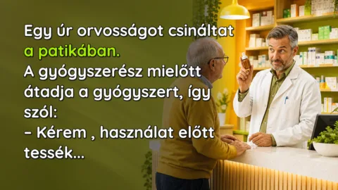 Egy úr orvosságot csináltat a patikában. A gyógyszerész mielőtt átadja a gyógyszert, így szól: – Kérem , használat előtt tessék...