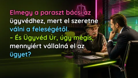 Elmegy a paraszt bácsi az ügyvédhez, mert el szeretne válni a feleségétől. – És Ügyvéd Úr, úgy mégis, mennyiért vállalná el az ügyet?
