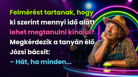 Felmérést tartanak, hogy ki szerint mennyi idő alatt lehet megtanulni kínaiul? Megkérdezik a tanyán élő Józsi bácsit: – Hát, ha minden...