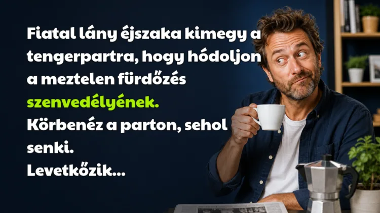 Viccek: Fiatal lány éjszaka kimegy a tengerpartra, hogy hódoljon a meztelen... Fiatal lány éjszaka kimegy a tengerpartra, hogy hódoljon a meztelen fürdőzés szenvedélyének. Körbenéz a parton, sehol senki. Levetkőzik...