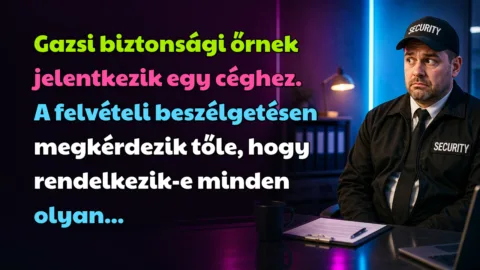 Gazsi biztonsági őrnek jelentkezik egy céghez. A felvételi beszélgetésen megkérdezik tőle, hogy rendelkezik-e minden olyan...