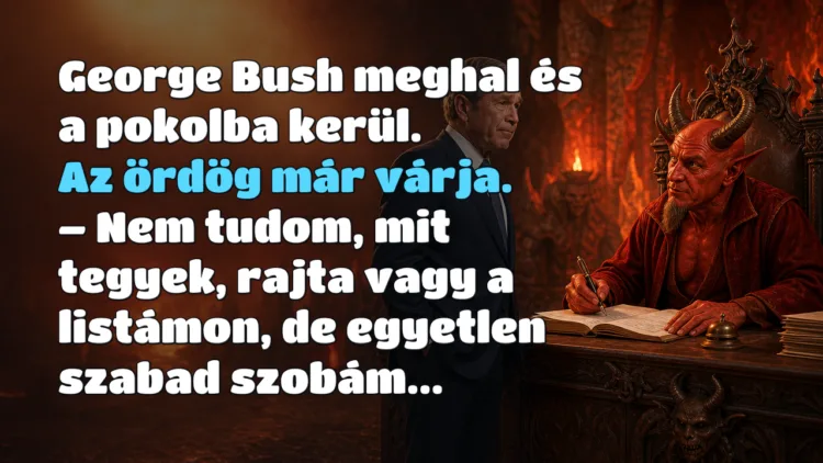 Viccek: George Bush meghal és a pokolba kerül. Az ördög már várja... George Bush meghal és a pokolba kerül. Az ördög már várja. – Nem tudom, mit tegyek, rajta vagy a listámon, de egyetlen szabad szobám...