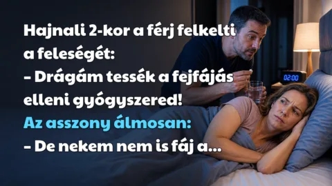 Viccek: Hajnali 2-kor a férj felkelti a feleségét... Hajnali 2-kor a férj felkelti a feleségét: – Drágám tessék a fejfájás elleni gyógyszered! Az asszony álmosan: – De nekem nem is fáj a...