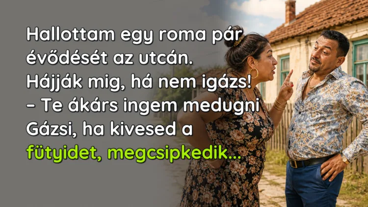 Viccek: Hallottam egy roma pár évődését az utcán. Hájják mig, há nem igázs... Hallottam egy roma pár évődését az utcán. Hájják mig, há nem igázs! – Te ákárs ingem medugni Gázsi, ha kivesed a fütyidet, megcsipkedik...