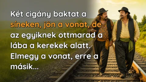 Viccek: Két cigány baktat a síneken, jön a vonat, de az egyiknek ottmarad... Két cigány baktat a síneken, jön a vonat, de az egyiknek ottmarad a lába a kerekek alatt. Elmegy a vonat, erre a másik...