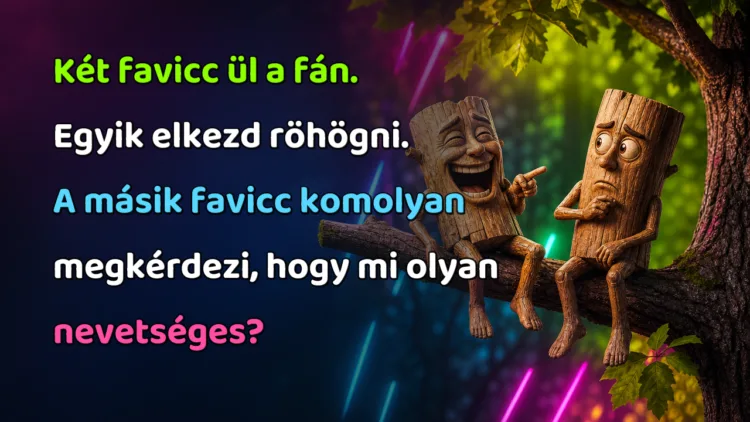 Viccek: Két favicc ül a fán. Egyik elkezd röhögni. A másik favicc komolyan... Két favicc ül a fán. Egyik elkezd röhögni. A másik favicc komolyan megkérdezi, hogy mi olyan nevetséges?
