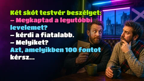 Két skót testvér beszélget: – Megkaptad a legutóbbi levelemet? – kérdi a fiatalabb. – Melyiket? Azt, amelyikben 100 fontot kérsz...