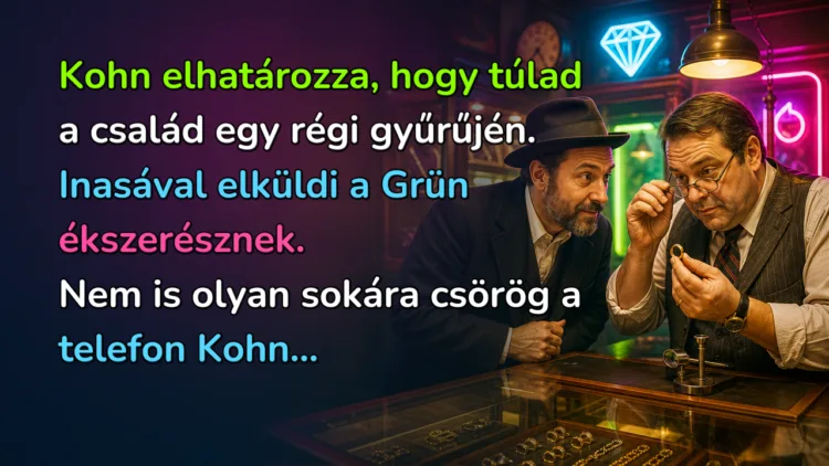 Viccek: Kohn elhatározza, hogy túlad a család egy régi gyűrűjén... Kohn elhatározza, hogy túlad a család egy régi gyűrűjén. Inasával elküldi a Grün ékszerésznek. Nem is olyan sokára csörög a telefon Kohn...