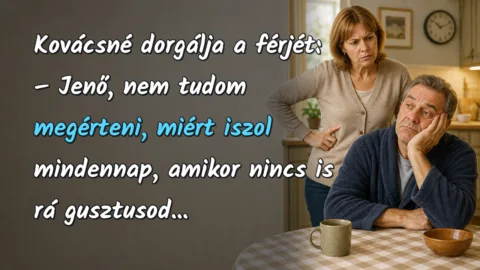 Kovácsné dorgálja a férjét: – Jenő, nem tudom megérteni, miért iszol mindennap, amikor nincs is rá gusztusod...