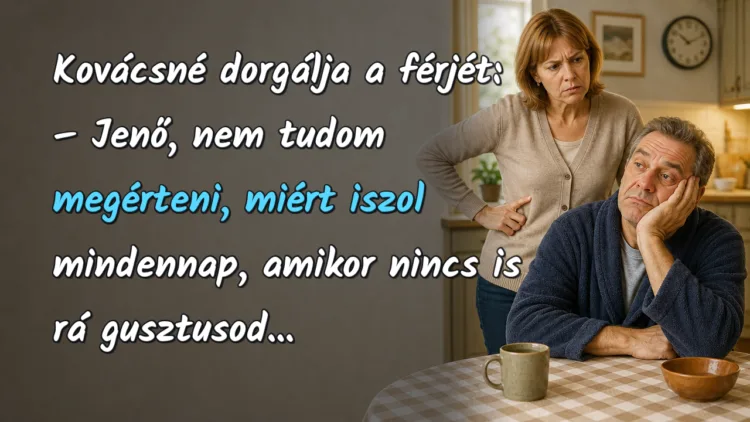 Viccek: Kovácsné dorgálja a férjét... Kovácsné dorgálja a férjét: – Jenő, nem tudom megérteni, miért iszol mindennap, amikor nincs is rá gusztusod...