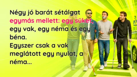 Négy jó barát sétálgat egymás mellett: egy süket, egy vak, egy néma és egy béna. Egyszer csak a vak meglátott egy nyulat, a néma...