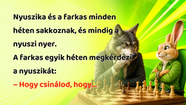 Viccek: Nyuszika és a farkas minden héten sakkoznak, és mindig a nyuszi nyer... Nyuszika és a farkas minden héten sakkoznak, és mindig a nyuszi nyer. A farkas egyik héten megkérdezi a nyuszikát: – Hogy csinálod, hogy...