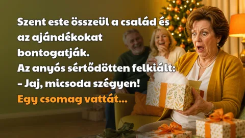 Szent este összeül a család és az ajándékokat bontogatják. Az anyós sértődötten felkiált: – Jaj, micsoda szégyen! Egy csomag vattát...