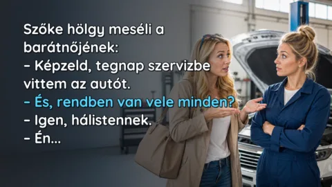 Szőke hölgy meséli a barátnőjének: – Képzeld, tegnap szervizbe vittem az autót. – És, rendben van vele minden? – Igen, hálistennek. – Én...