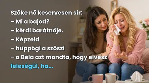 Viccek: Szőke nő keservesen sír... Szőke nő keservesen sír: – Mi a bajod? – kérdi barátnője. – Képzeld – hüppögi a szöszi – a Béla azt mondta, hogy elvesz feleségül, ha...