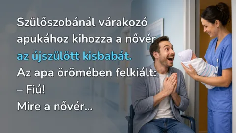 Viccek: Szülőszobánál várakozó apukához kihozza a nővér az újszülött kisbabát... Szülőszobánál várakozó apukához kihozza a nővér az újszülött kisbabát. Az apa örömében felkiált: – Fiú! Mire a nővér...
