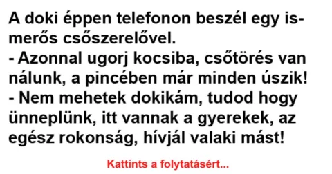 Vicc: A doki éppen telefonon beszél egy ismerős csőszerelővel –