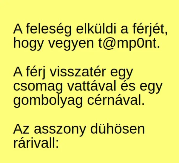 Vicc: A feleség elküldi a férjét, hogy vegyen t@mp0nt Vicc: A feleség elküldi a férjét, hogy vegyen t@mp0nt